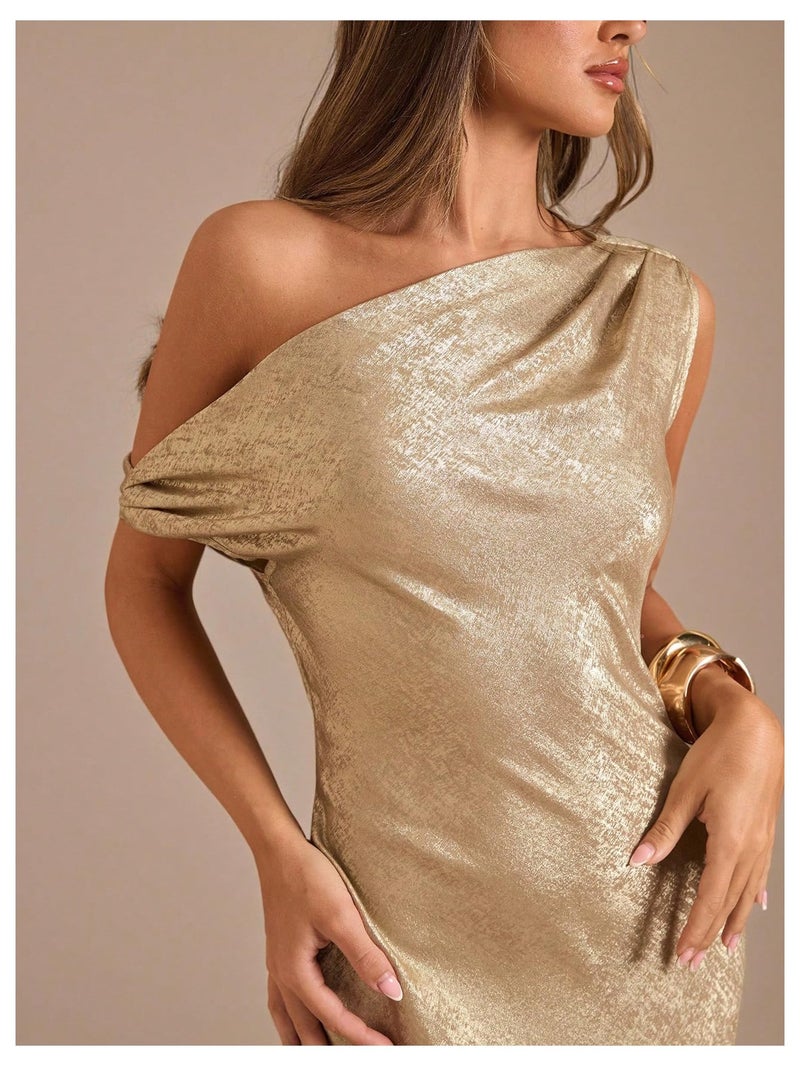 OYOANGLE Women's Metallic Off the Shoulder Bodycon Fishtail Maxi Dress Ruched Party Evening Cocktail Dresses Gold Medium - Image 4