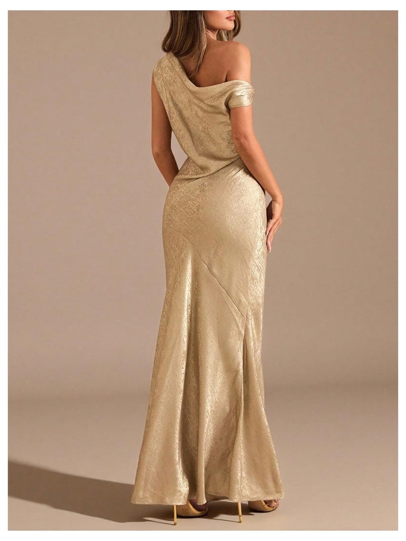 OYOANGLE Women's Metallic Off the Shoulder Bodycon Fishtail Maxi Dress Ruched Party Evening Cocktail Dresses Gold Medium - Image 3