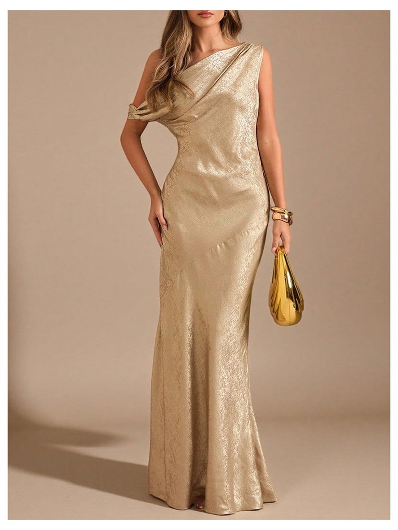 OYOANGLE Women's Metallic Off the Shoulder Bodycon Fishtail Maxi Dress Ruched Party Evening Cocktail Dresses Gold Medium - Image 5