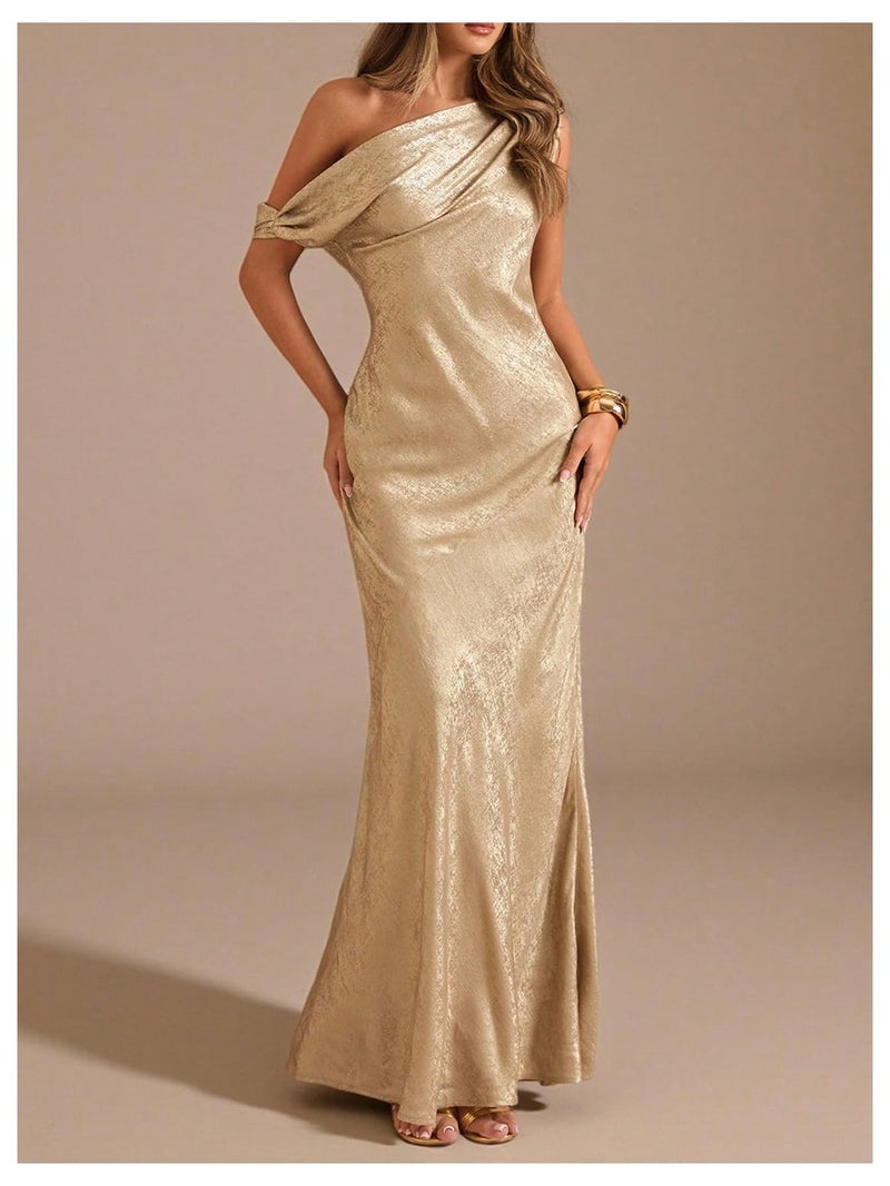 OYOANGLE Women's Metallic Off the Shoulder Bodycon Fishtail Maxi Dress Ruched Party Evening Cocktail Dresses Gold Medium - Image 2
