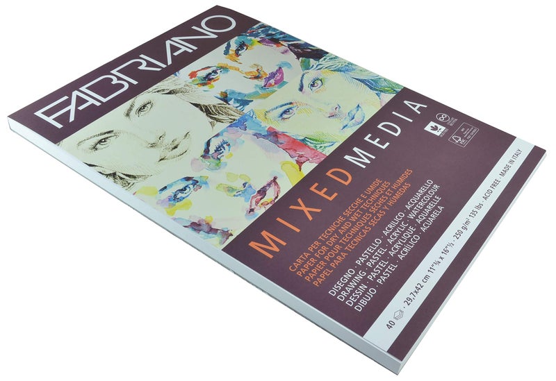 دفتر ورق فابريانو للفنانين مختلط الوسائط DIN A3 40 ورقة 250 جرام مناسب لتقنيات الطلاء الرطب والجاف أبيض
