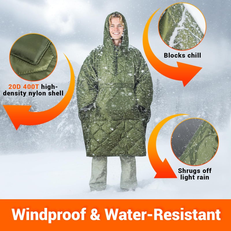 FUNANASUN Hooded Camping Blanket Poncho, Stadium Woobie Blanket, Machine Washable/650FP Insulation, Ultralight & Packable, Fit Most Adult Sizes, Can Be Used as Shawl/Wearable Sleeping Bag/Cloak - Image 5