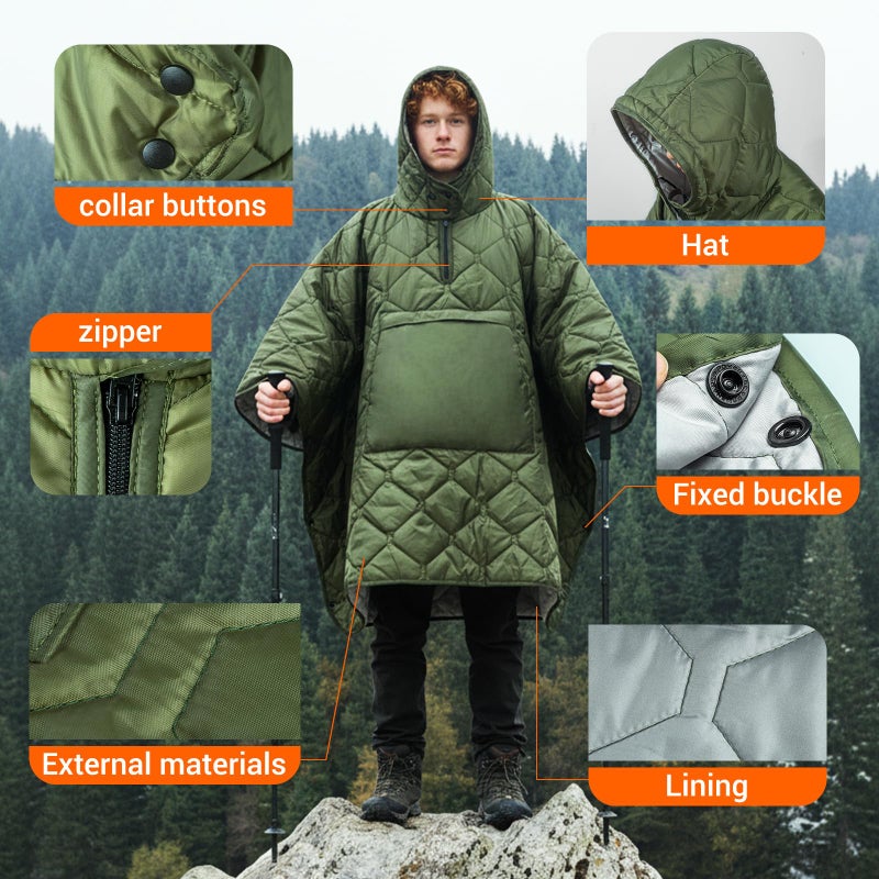 FUNANASUN Hooded Camping Blanket Poncho, Stadium Woobie Blanket, Machine Washable/650FP Insulation, Ultralight & Packable, Fit Most Adult Sizes, Can Be Used as Shawl/Wearable Sleeping Bag/Cloak - Image 3