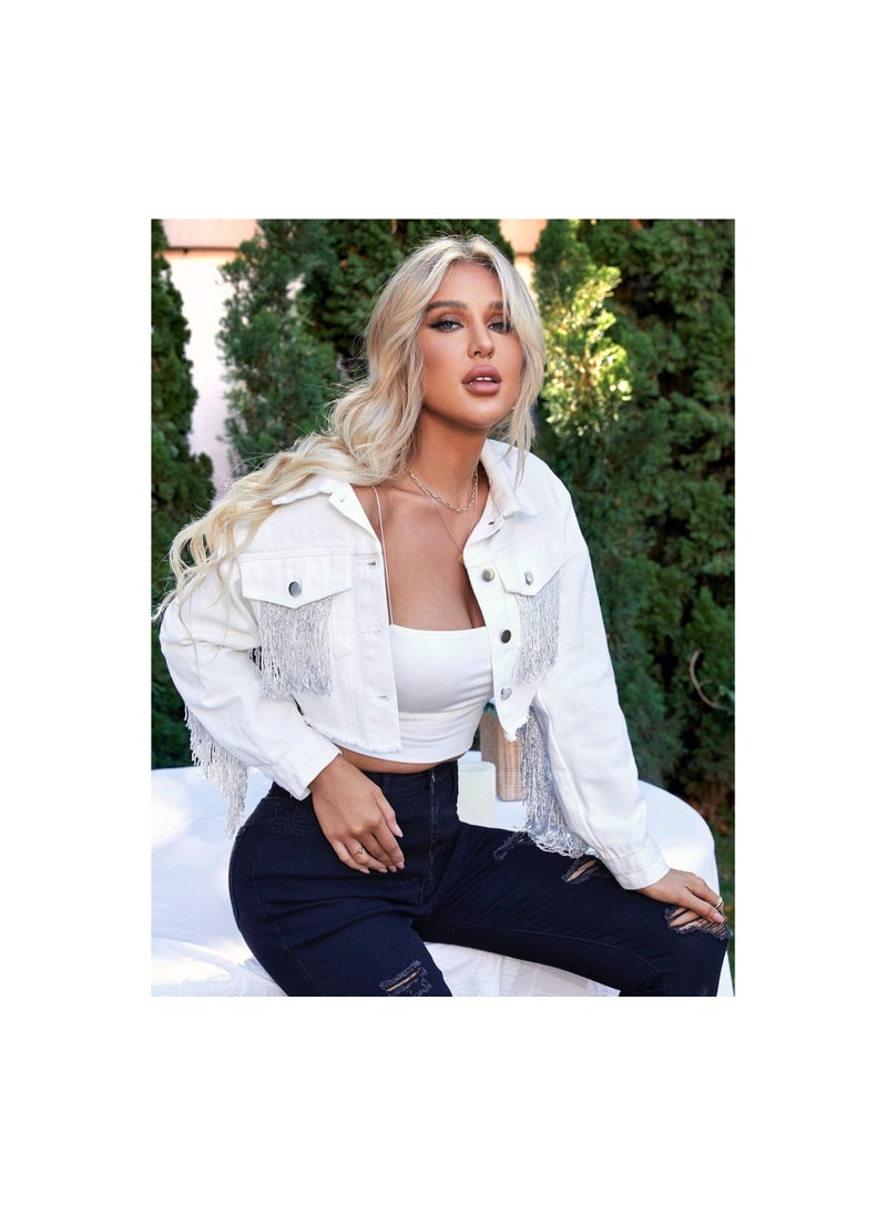 Loquat - Squality Leisure Tassels Denim Short Jacket Women White - Image 1