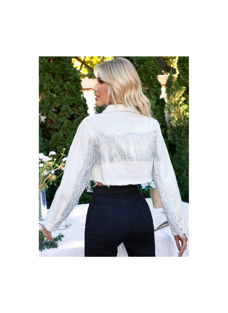 Loquat - Squality Leisure Tassels Denim Short Jacket Women White - Image 1