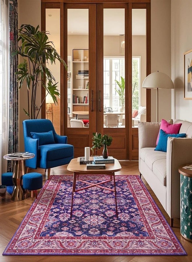 Rtizon Area Rugs for Living Room, 4x6 Washable Rugs for Bedroom, Non-Slip Retro Floral Carpet for Girls's Beside Dorm Entryway Office Kitchen Dining Room, Blue and Purple - Image 1