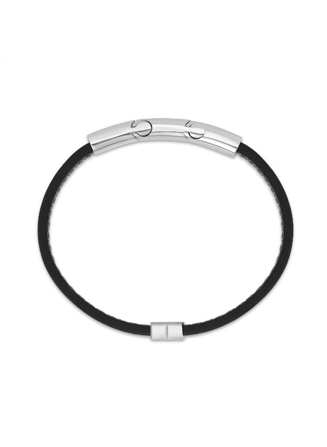 Guy Laroche Charlie Stainless Steel Bracelet with Black Flat Leather - Image 3