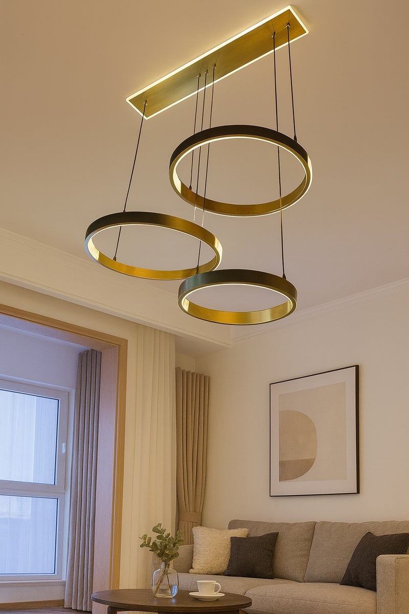 Loquat Chandelier with a golden LED pendant with three ring lights, size 35*35*25 cm - Image 3