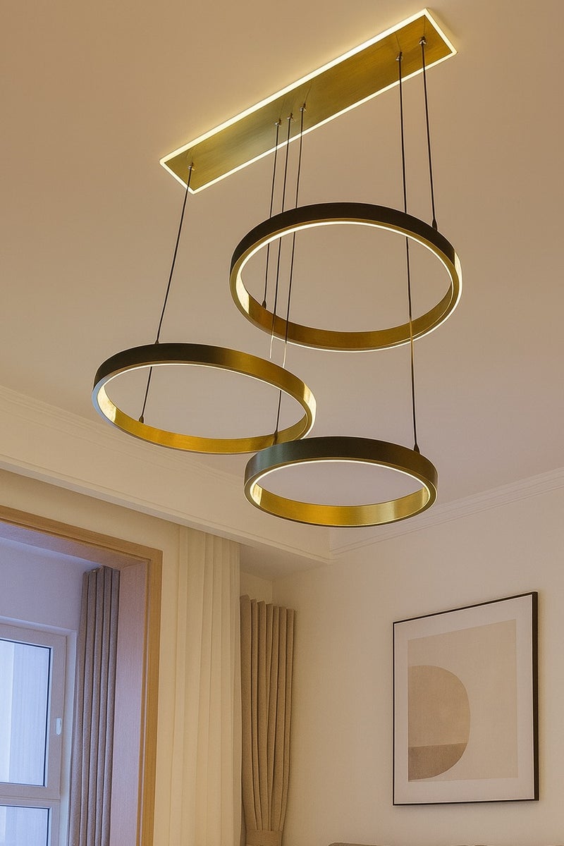 Loquat Chandelier with a golden LED pendant with three ring lights, size 35*35*25 cm - Image 1