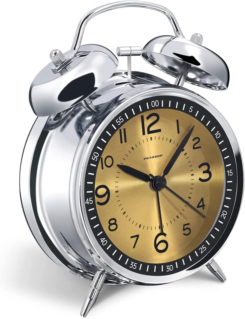 Peakeep Loud Alarm Clock for Heavy Sleepers Adults, Metal 4.5" Twin Bell Battery Operated Alarm Clocks for Bedrooms Decoration (Golden)… - Image 1