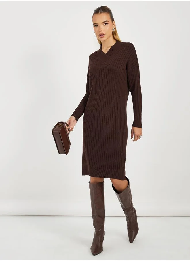 Styli Ribbed Knit V Neck Sweater Midi Dress