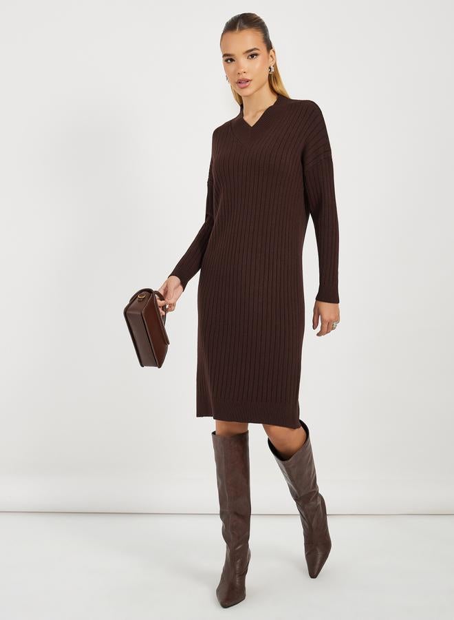 Styli Styli Ribbed Knit V Neck Sweater Midi Dress - Image 1