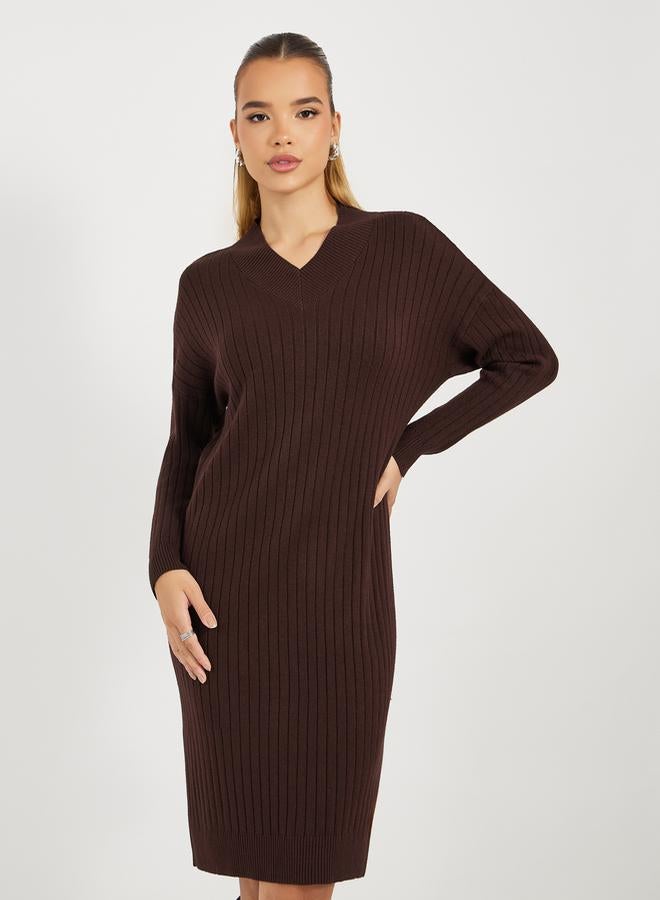 Styli Styli Ribbed Knit V Neck Sweater Midi Dress - Image 2