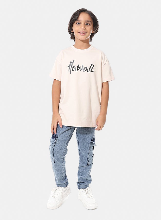 Andora Over Size Printed Half Sleeves Beige T-Shirt_Beige - Image 5