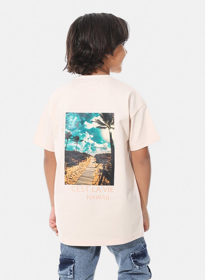 Andora Over Size Printed Half Sleeves Beige T-Shirt_Beige - Image 3