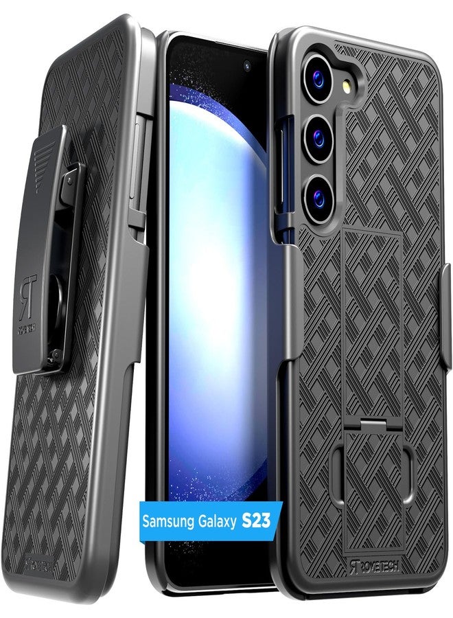 ROME TECH Designed for Samsung Galaxy S23 Case with Belt Clip Holster - Kickstand Cover Phone Case - Black (Lines) - Image 1