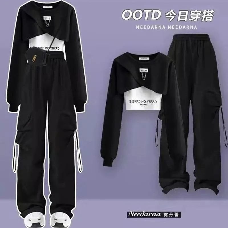 Spring and Autumn Korean Style Womens Outfit Korean Version Loose Campus Style Sweatshirt Camisole Cargo Pants Womens Jogger Three-Piece Set Trendy Black overalls [single pants]