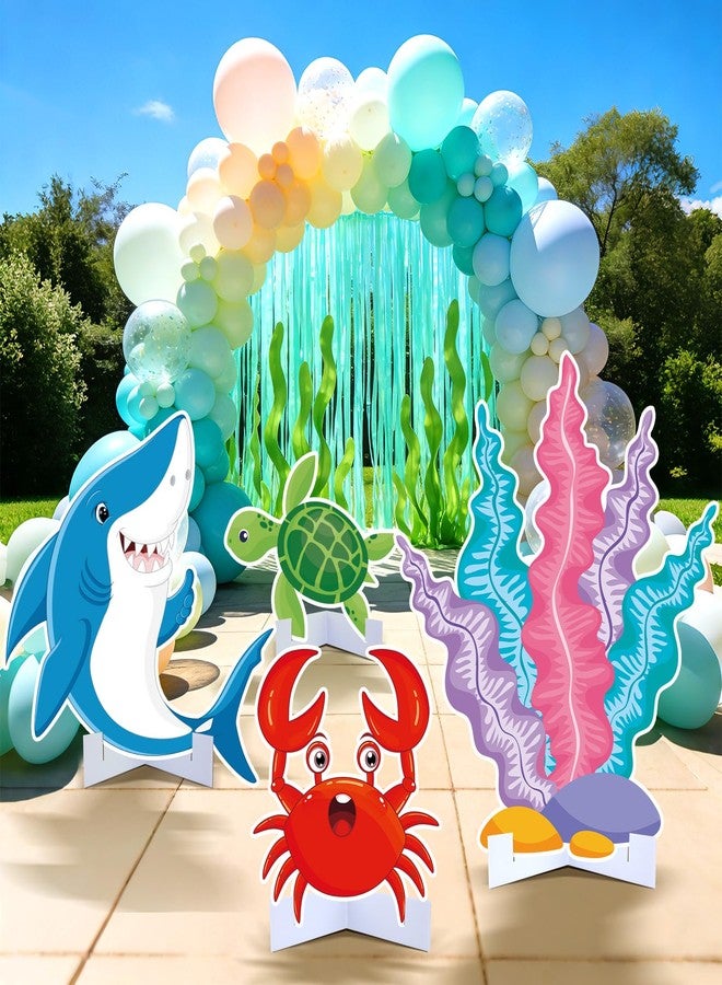 Wayyogh 4pcs Large Under the Sea Animals Party Decorations Cardboard Cutout Standup Ocean Themed Animal Decor Shark Coral Crab Turtle Cardboard Cutouts for Ocean Birthday Sea Creatures Supplies Photo Props - Image 1