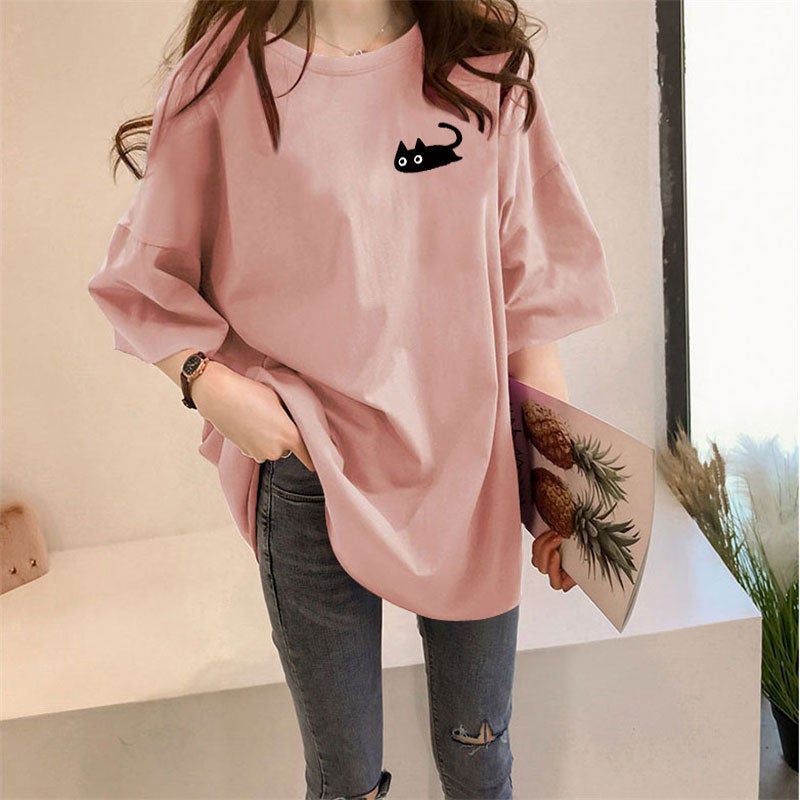 Summer Style Round Neck Loose Short-Sleeved T-Shirt For Female Students Lazy Style Printed Mid-Length T-Shirt Top For Women - Image 1