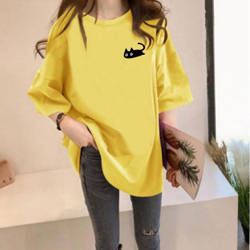 Summer Style Round Neck Loose Short-Sleeved T-Shirt For Female Students Lazy Style Printed Mid-Length T-Shirt Top For Women - Image 5