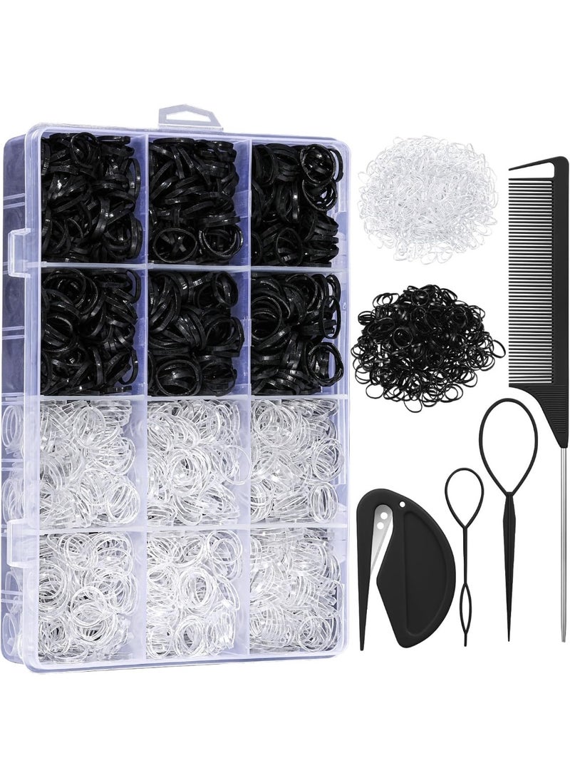 2000 Pcs Elastic Hair Bands with Hair Loop Styling Tool Set, Clear Mini Hair Bands and Black Elastic Hair Ties with Rubber Band Cutter Organizer Box Hair Accessories for Toddler Baby Girl Women - Image 1