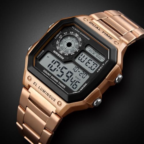 Reginald Watches for Men Fashion Trend Rose Gold Multifunction Waterproof Watch EL Light Digital Chronograph Stainless Steel Square Watches (Rose Gold) - Image 5
