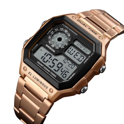 Reginald Watches for Men Fashion Trend Rose Gold Multifunction Waterproof Watch EL Light Digital Chronograph Stainless Steel Square Watches (Rose Gold) - Image 3