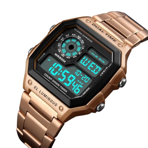 Reginald Watches for Men Fashion Trend Rose Gold Multifunction Waterproof Watch EL Light Digital Chronograph Stainless Steel Square Watches (Rose Gold) - Image 4