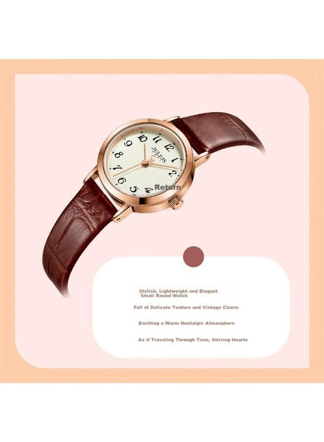 Julius Watch For Women, Retro Calendar, Student Commuter Small Round Watch, Waterproof Quartz Ladies Watch With Brown Strap And Gold Dial Ja-1404b - Image 4