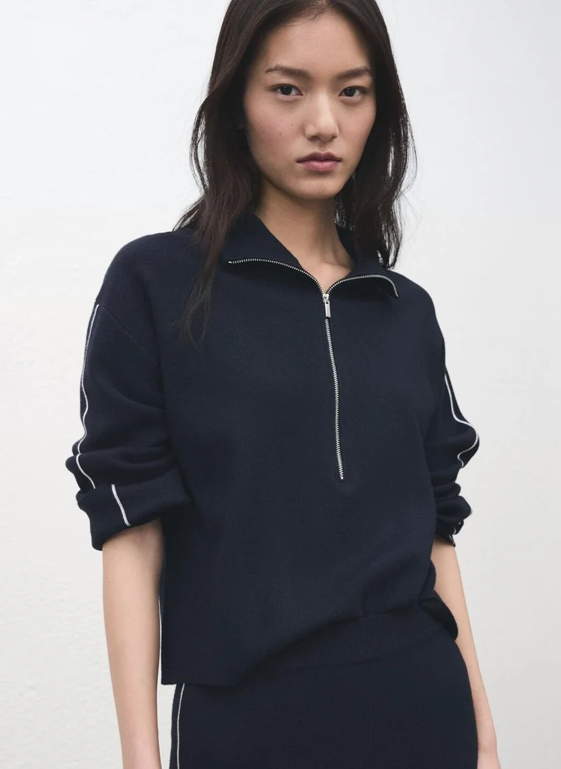 MANGO Zip neck contrast-stripe sweater