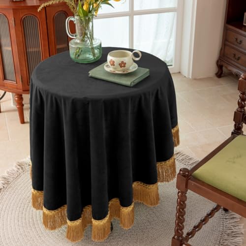 F-CHU Black 70 Inch Round Tablecloth Thickset Velvet Tablecloth with Beautiful Gold Tassels Vintage Table Cloth for Home Decor Wedding, Party, Banquet and Events 70" Round - Image 3