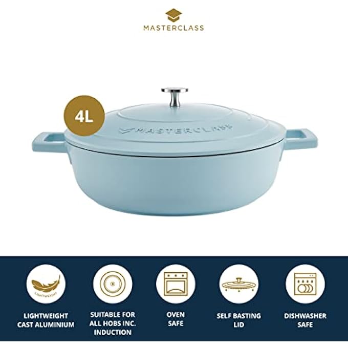 ماستر كلاس طبق طاجن ضحل بغطاء 4L28 سم، موقد حث خفيف الوزن مصنوع من الألمنيوم المصبوب، موقد وفرن آمن للأزرق السماوي - Image 3
