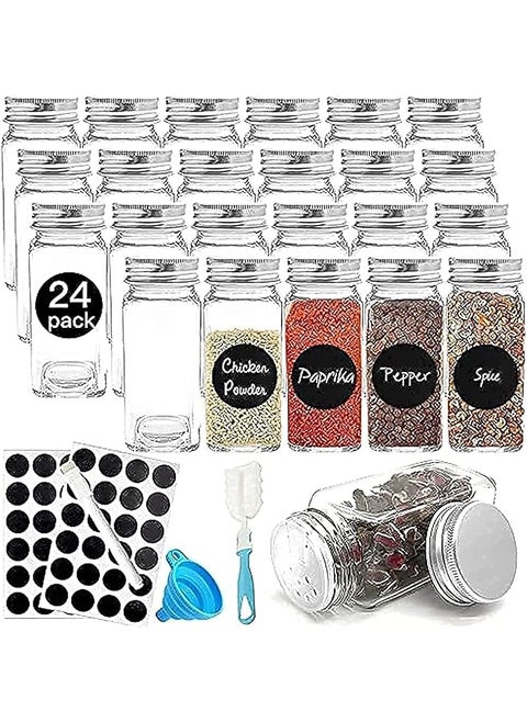 24 Pcs Glass Spice Jars/Bottles 120Ml Empty Square Spice Containers With Spice Labels Shaker Lids And Airtight Metal Caps Silicone Collapsible Funnel Spongebrushwhiteboard Pen Included