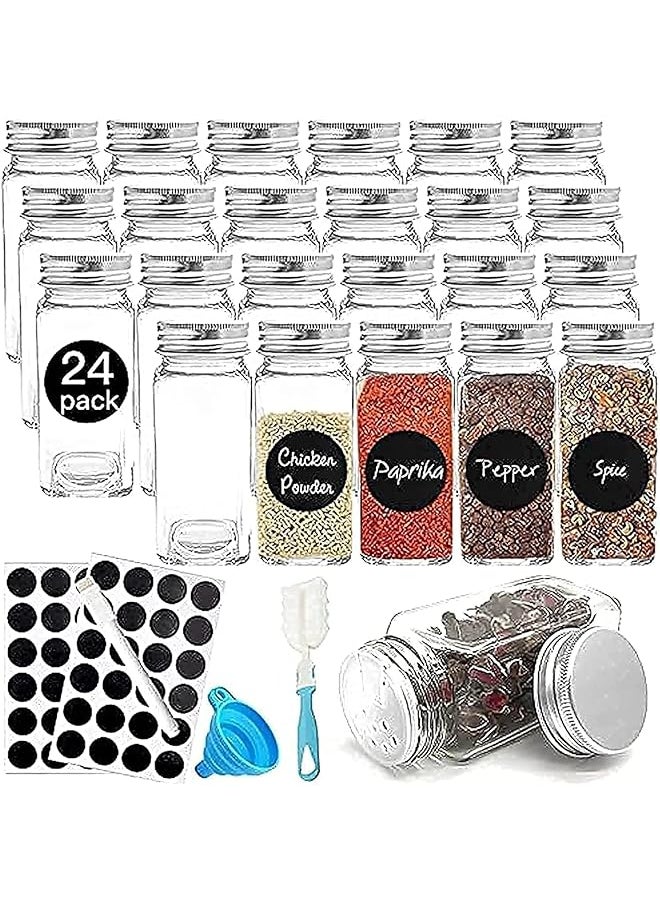 Zaboon - 24 Pcs Glass Spice Jars/Bottles 120Ml Empty Square Spice Containers With Spice Labels Shaker Lids And Airtight Metal Caps Silicone Collapsible Funnel Spongebrushwhiteboard Pen Included - Image 1