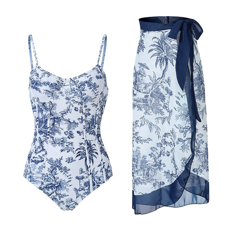 CME Vintage Floral Print Modest One-Piece Swimsuit with Beach Skirt Set, 20 Styles - Image 1
