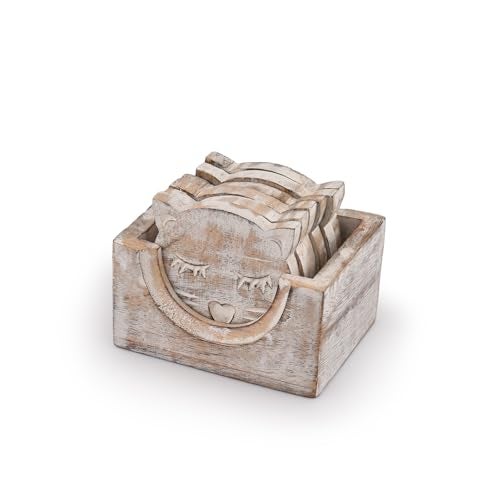 NIRMAN Wooden Crafted Unique Adorable Cat Shaped Coasters Set of 6 with Holder Bar Dining Table Home Dcor