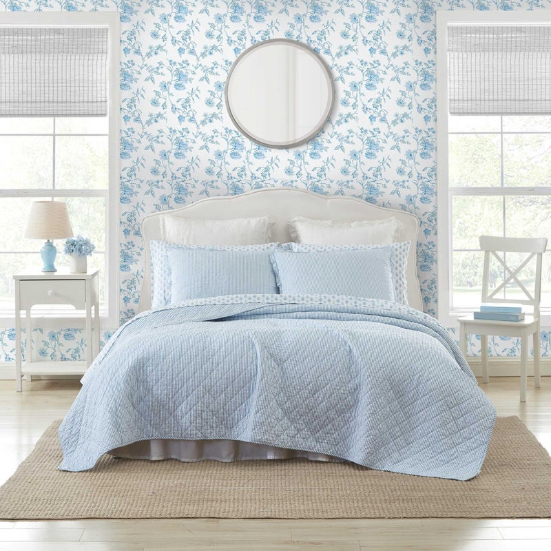 Laura Ashley Quilt Set Super Soft Bedding with Matching Sham Casual Home Decor Oxford Stripe Blue Twin - Image 2