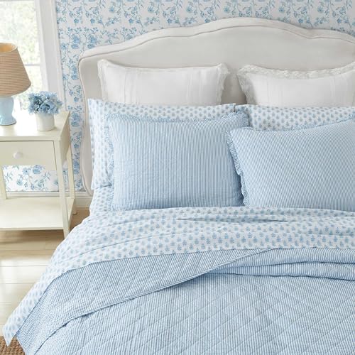 Laura Ashley Quilt Set Super Soft Bedding with Matching Sham Casual Home Decor Oxford Stripe Blue Twin - Image 3