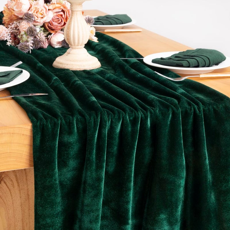 Socomi 4pcs Green Velvet Table Runner 20 x 120 Inches 10ft Table Cloth Fabric Emerald Green Luxurious Cotton Thanksgiving Christmas Wedding Runner for New Year Bridal Shower