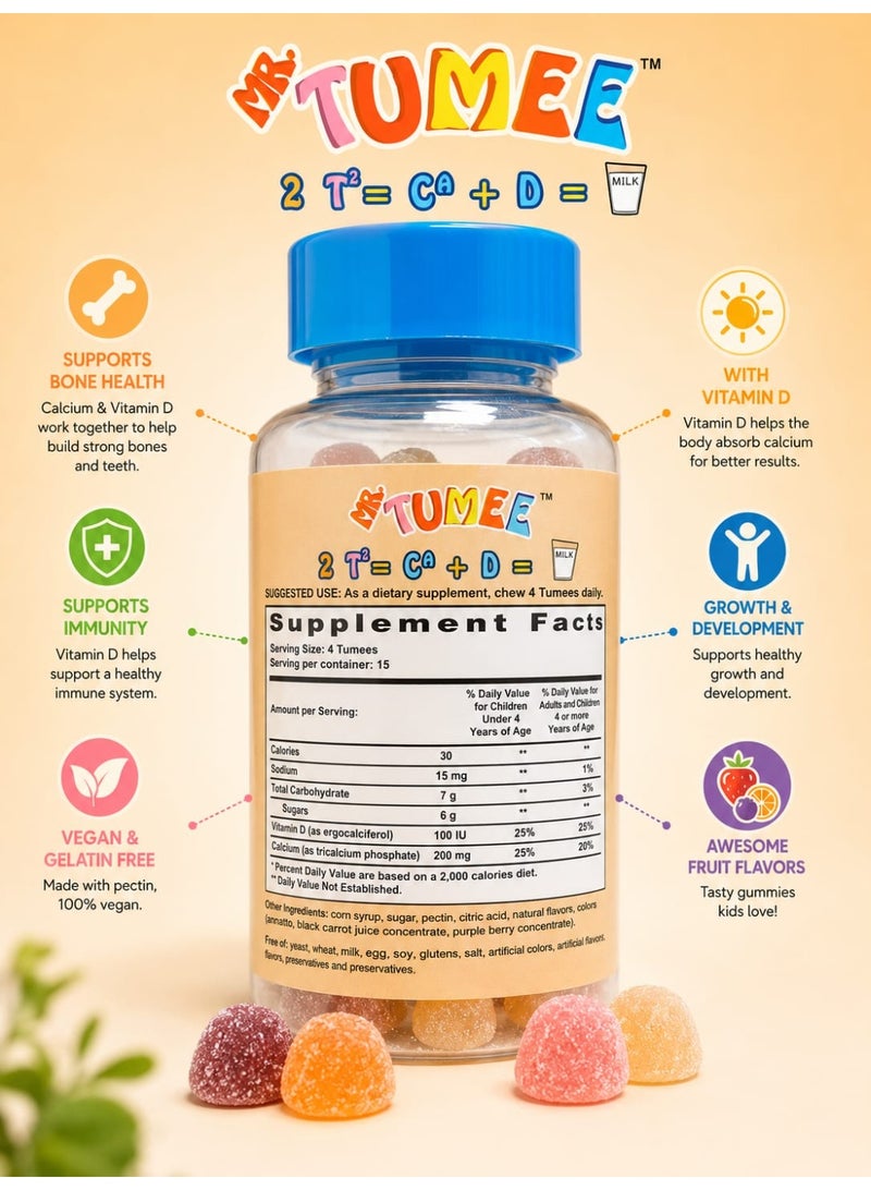 MR.TUMEE Mr. TUMEE Calcium + Vitamin D Gummies for Kids – Vegan, Gelatin-Free, Fruit Flavor, 60 Gummies - Image 3