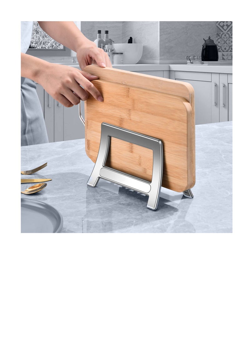 Cutting Board Holder Stand, Cutting Board Organizer Rack Storage for Countertop Space Optimization, Auto Width Adjustable Cutting Board Holder Stand (Silver)
