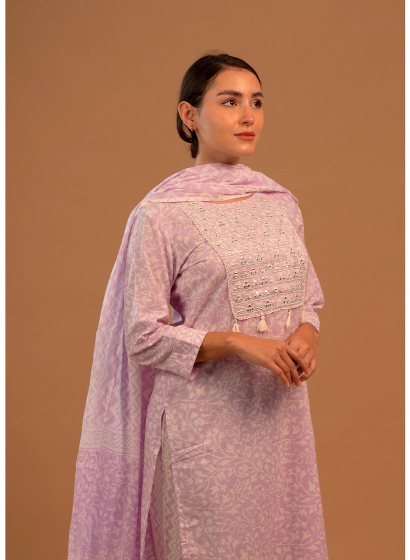 zaha dxb Lavender Embroidered Salwar Kameez Set | Cotton Ethnic Wear for Women - Image 2