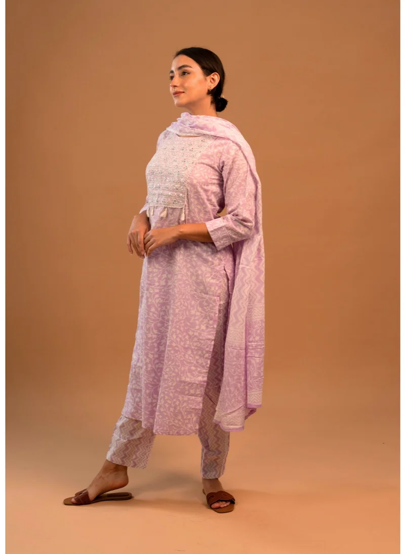 Zaha Dxb  Lavender Embroidered Salwar Kameez Set | Cotton Ethnic Wear for Women for Women | Best Price UAE