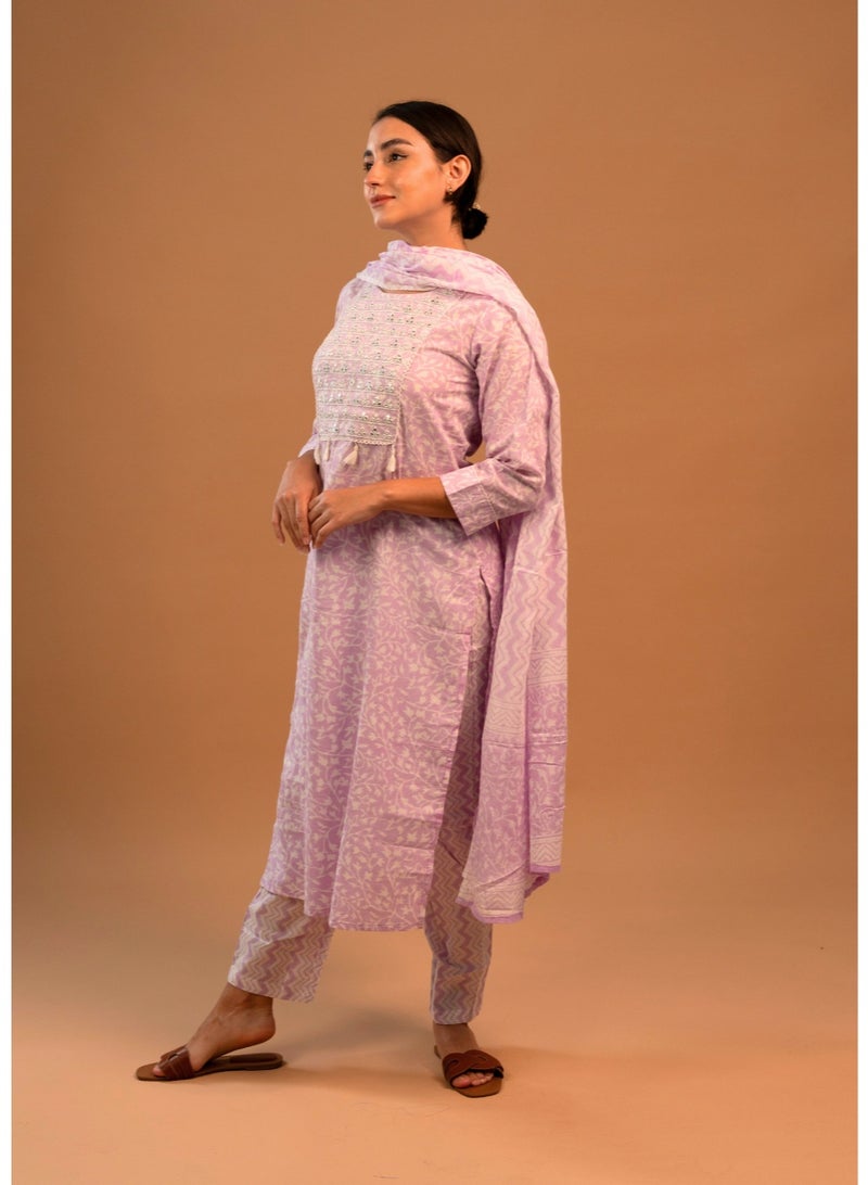 zaha dxb Lavender Embroidered Salwar Kameez Set | Cotton Ethnic Wear for Women - Image 3