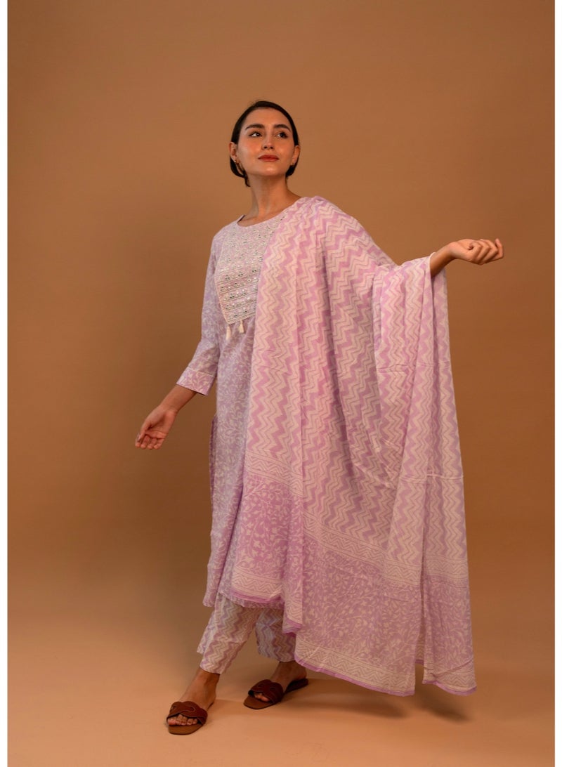 zaha dxb Lavender Embroidered Salwar Kameez Set | Cotton Ethnic Wear for Women - Image 1