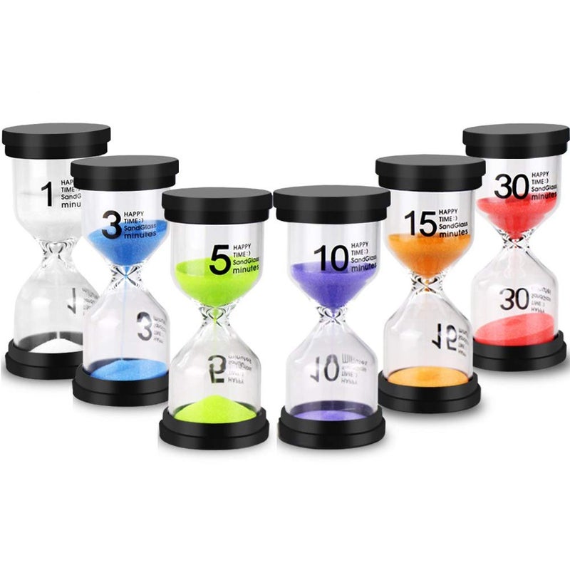 EMDMAK Sand Timer Colorful Hourglass Sandglass Timer 1 min/3 mins/5 mins/10 mins/15 mins/30 mins Sand Clock Timer for Games Classroom Home Office(Pack of 6) - Image 1