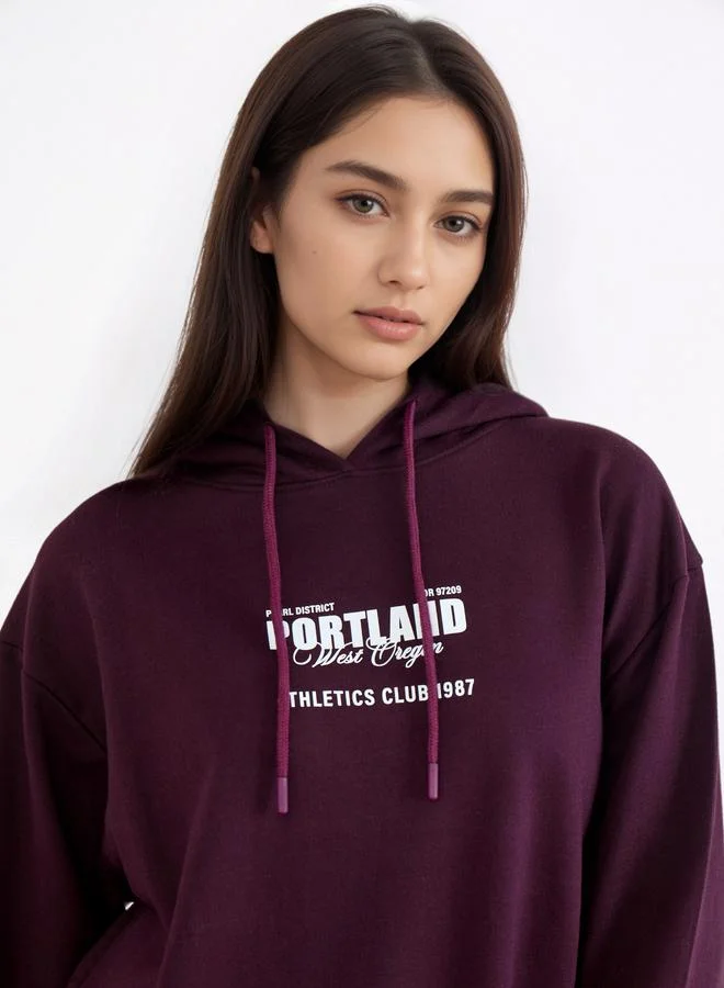 Styli Styli Purple Longline Hoodie with Slogan Print