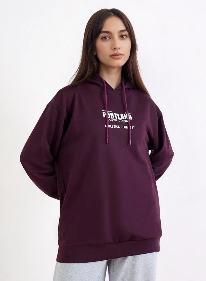 Styli Styli Purple Longline Hoodie with Slogan Print
