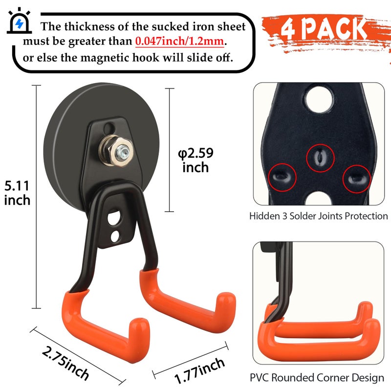 ULIBERMAGNET New Upgraded Heavy Duty Magnetic Garage Hooks,4 Pack Strong Large Magnet Hooks for Power Drill,Garden Tools,Hose,Pegboard,Garage, Workshop,Magnetic Storage Hook for Hanging(Orange) - Image 3