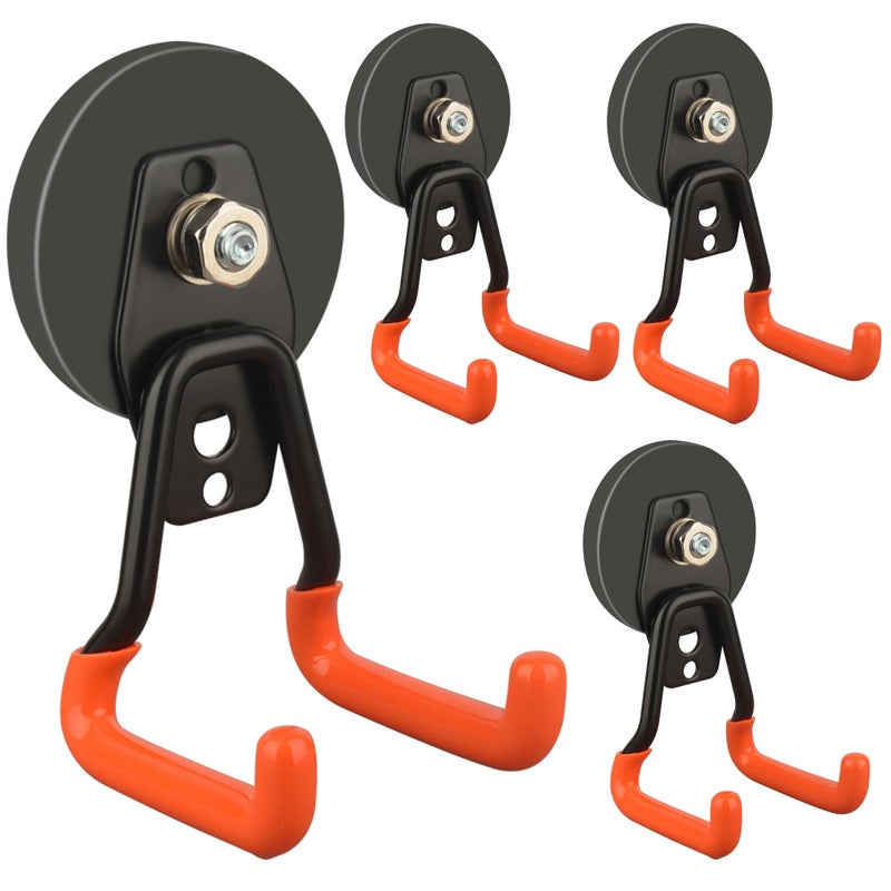 ULIBERMAGNET New Upgraded Heavy Duty Magnetic Garage Hooks,4 Pack Strong Large Magnet Hooks for Power Drill,Garden Tools,Hose,Pegboard,Garage, Workshop,Magnetic Storage Hook for Hanging(Orange) - Image 1